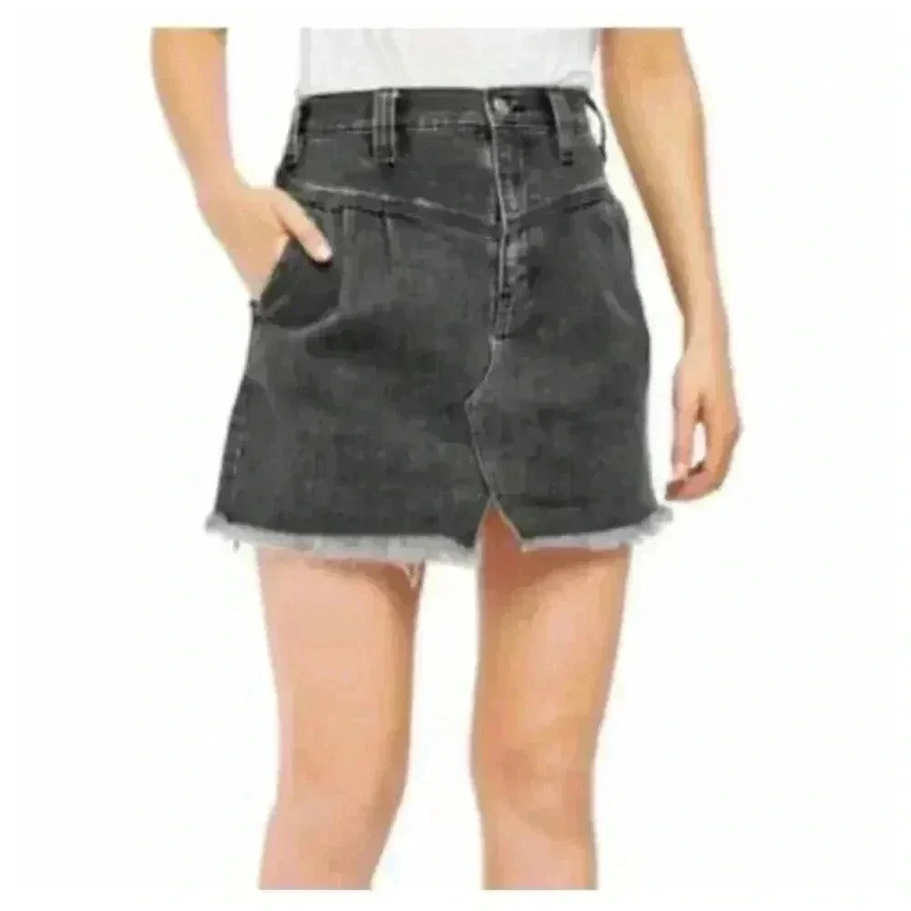 Free people mini sidecar distressed micro black Denim jean Skirt mean girls - Picture 2 of 5
